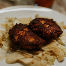Load image into Gallery viewer, Salmon cakes over cornflake and cheese topped potatoes Eat Smart RVA meal delivery service