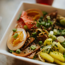 Load image into Gallery viewer, Sesame Noodle Bowl with an egg picked veggies and ginger Eat Smart RVA meal delivery service
