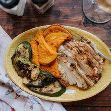 Load image into Gallery viewer, Grilled chicken served with zucchini and sweet potatoes Eat Smart RVA meal delivery service

