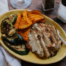 Load image into Gallery viewer, Grilled chicken served with zucchini and sweet potatoes Eat Smart RVA meal delivery service
