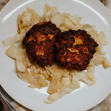 Load image into Gallery viewer, Salmon cakes over cornflake and cheese topped potatoes Eat Smart RVA meal delivery service
